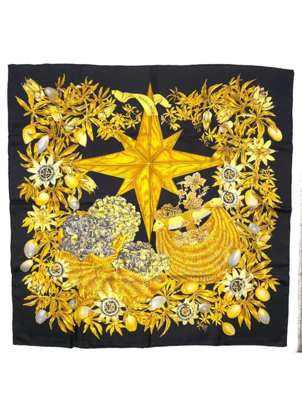 Hermes Carre 90 Passion Flower Silk Yellow Navy Scarf